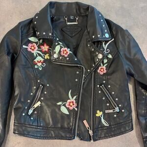 Joujou black leather floral embroidered Moto Jacket youth girls size small